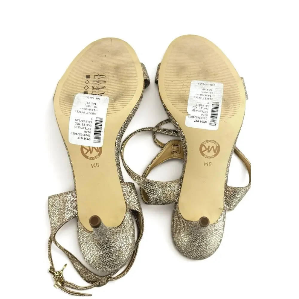 Michael Kors Kaylee Mid Heel Strappy Sandals Gold Sand + Silver Glitter Size 9